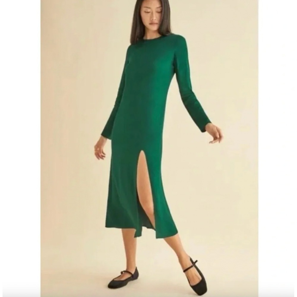 Reformation Jeana Emerald Green Midi Dress 10 Long Sleeve Side Slit Holiday